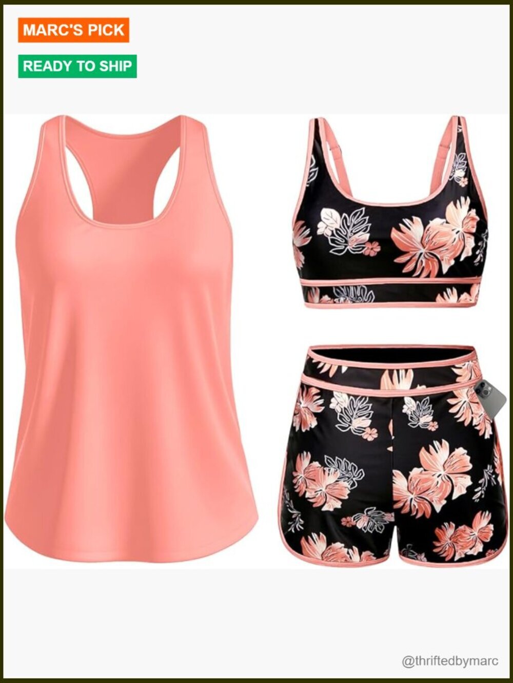 3 Piece Tankini Set with Tummy Control Shorts and Bra Top